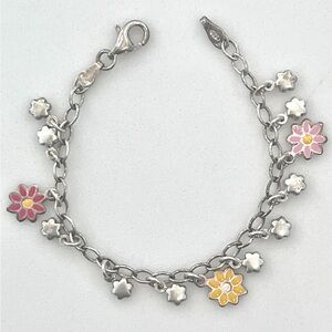.925 Sterling Silver Enameled Flowers Kids Bracelet 6" Children's Jewelry